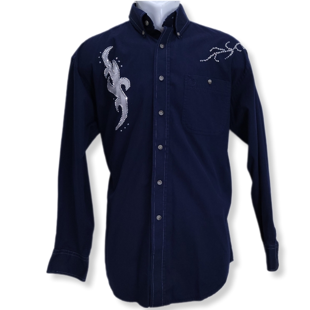 George Straight Wrangler Mens L Shirt Cowboy Cut Navy Rhinestones Button Down